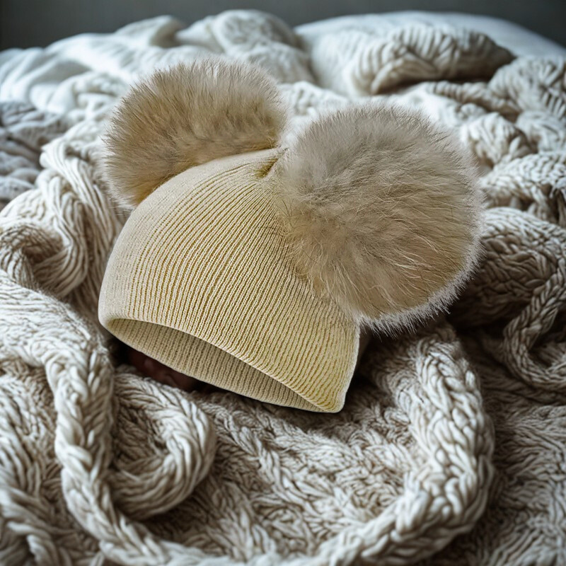 Touca de Tricô Infantil com Pompom Duplo Luxo