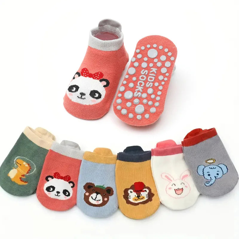 6 pares de meias de algodão antiderrapante para crianças, com desenhos fofos