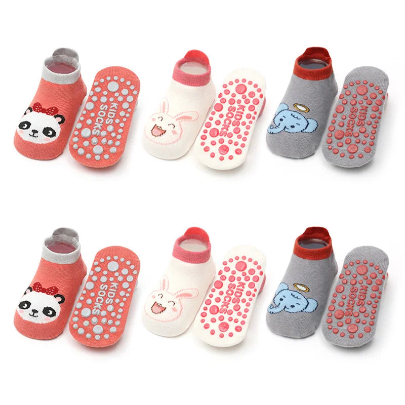 6 pares de meias de algodão antiderrapante para crianças, com desenhos fofos