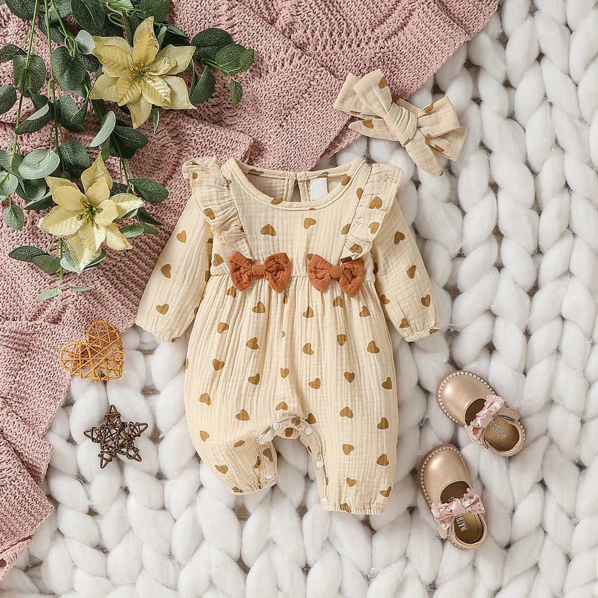 Macacão infantil feminino manga longa estampa floral com laço
