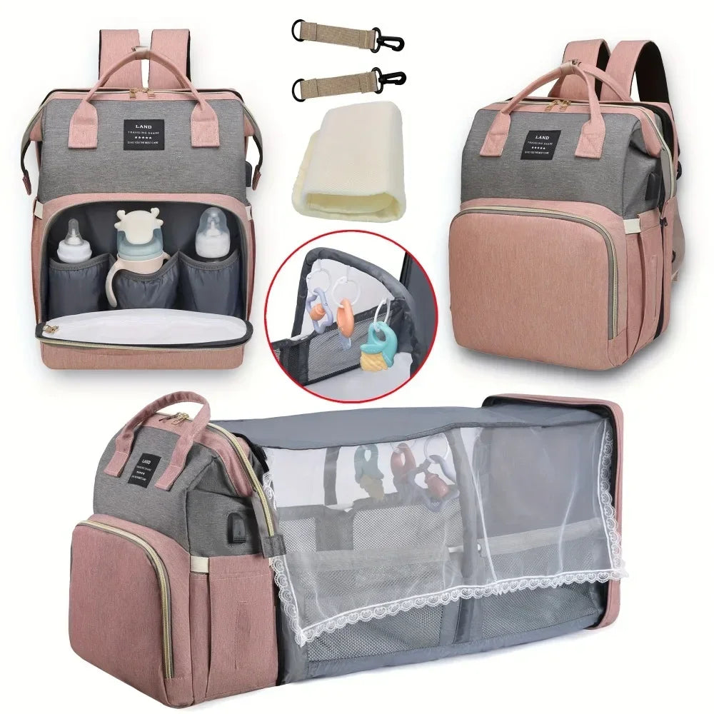 Bolsa para maternidade vira mini berço portátil com vários bolsos e com mosqueteiro