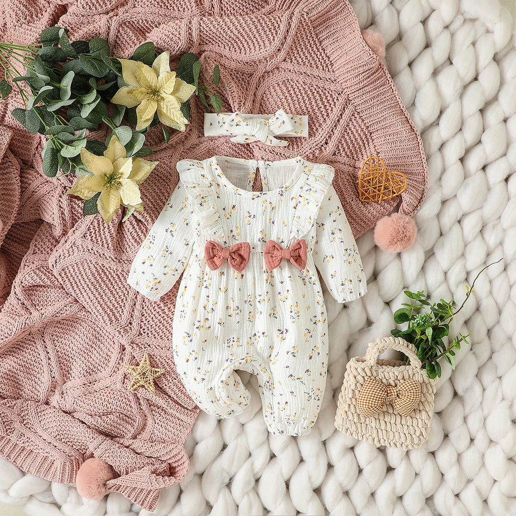 Macacão infantil feminino manga longa estampa floral com laço