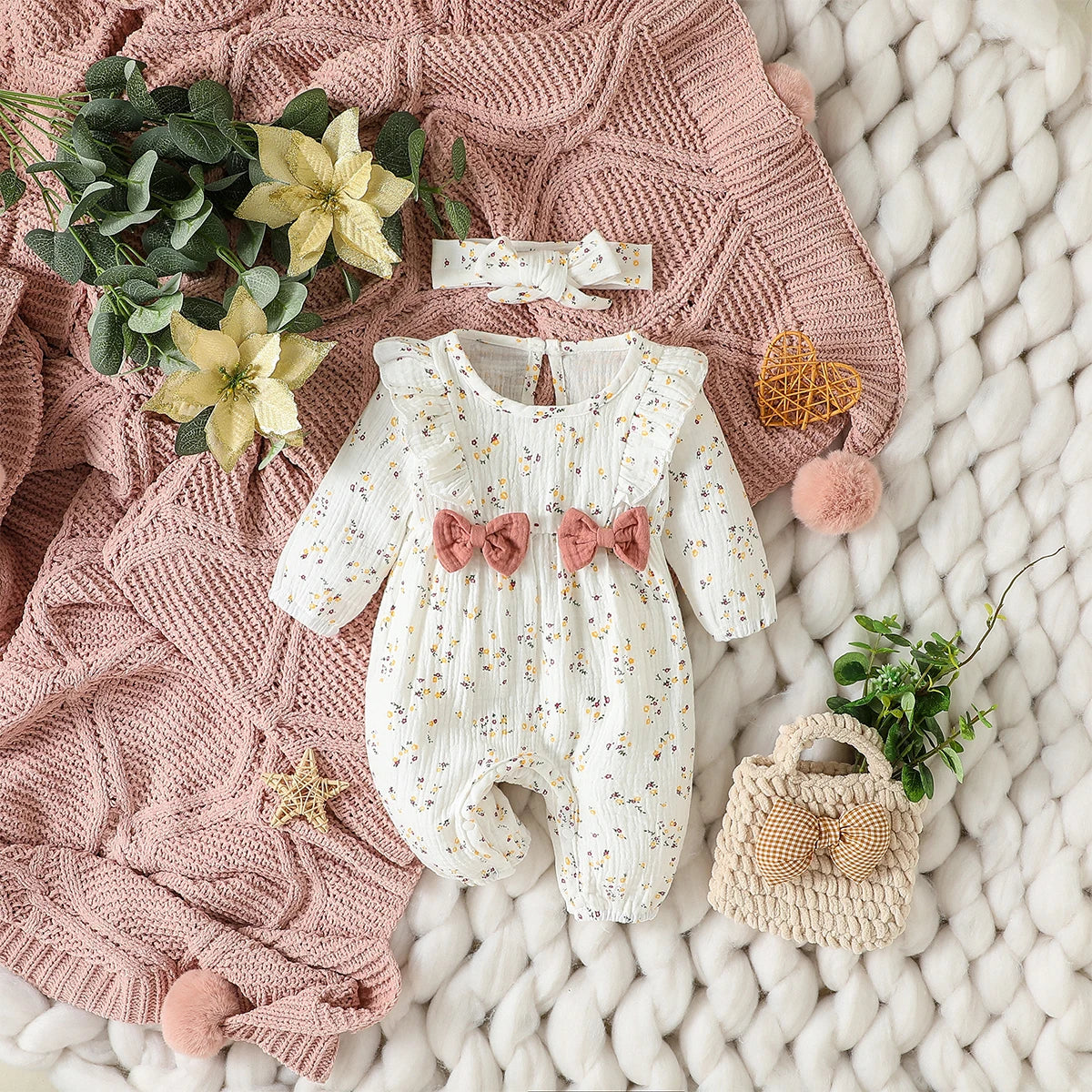 Macacão infantil feminino manga longa estampa floral com laço