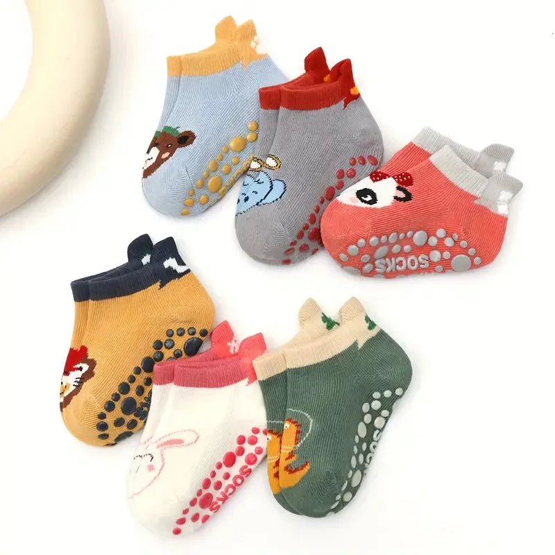 6 pares de meias de algodão antiderrapante para crianças, com desenhos fofos