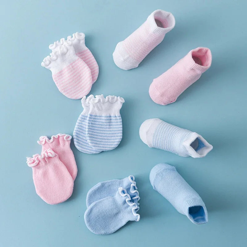 Conjunto de 4 pares/conjunto de meias e luvas para bebês, cores sólidas