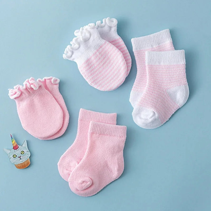 Conjunto de 4 pares/conjunto de meias e luvas para bebês, cores sólidas