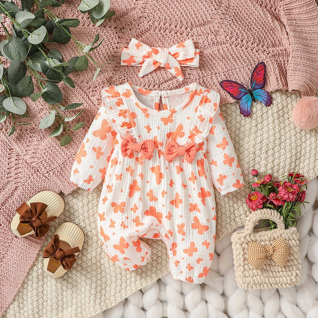 Macacão infantil feminino manga longa estampa floral com laço