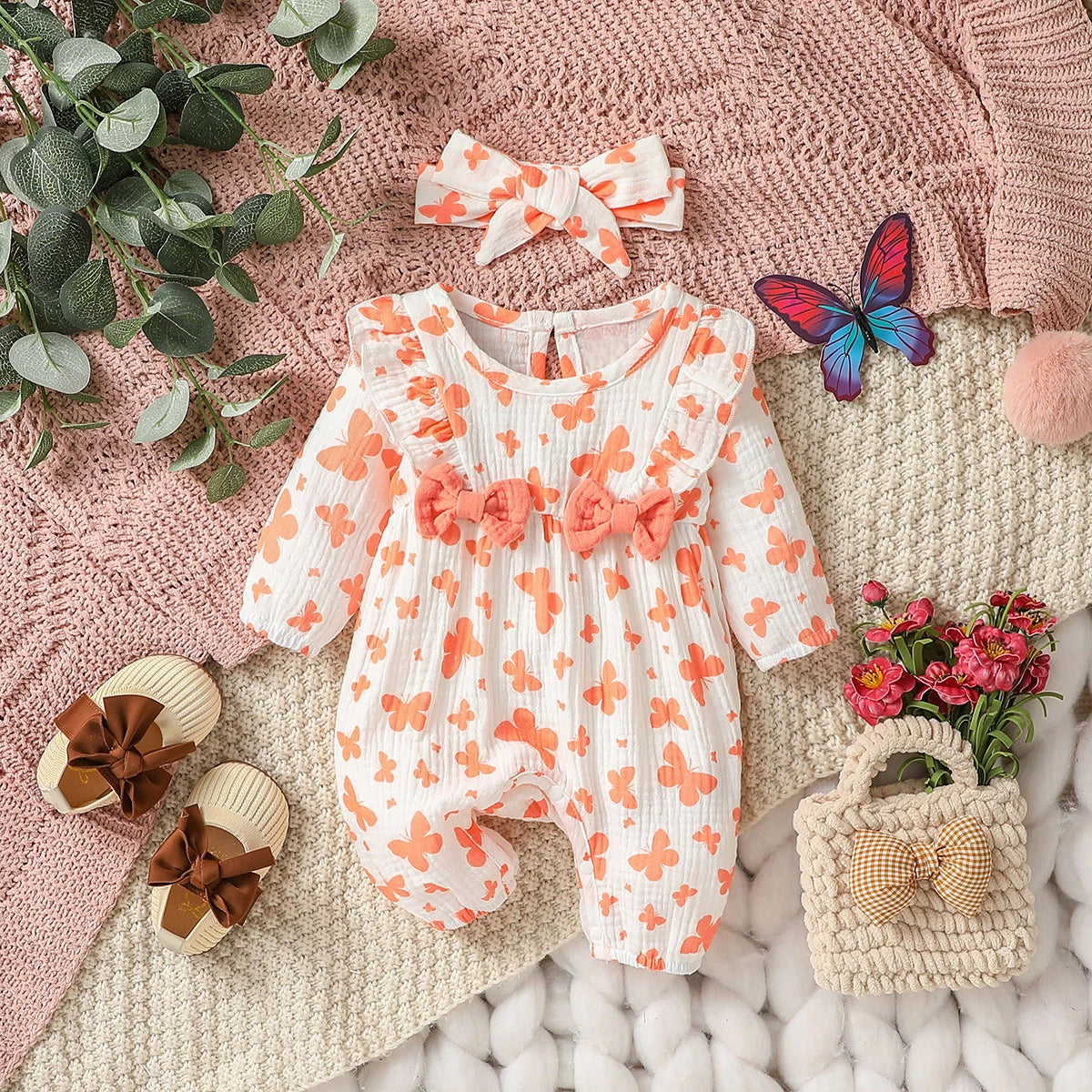 Macacão infantil feminino manga longa estampa floral com laço