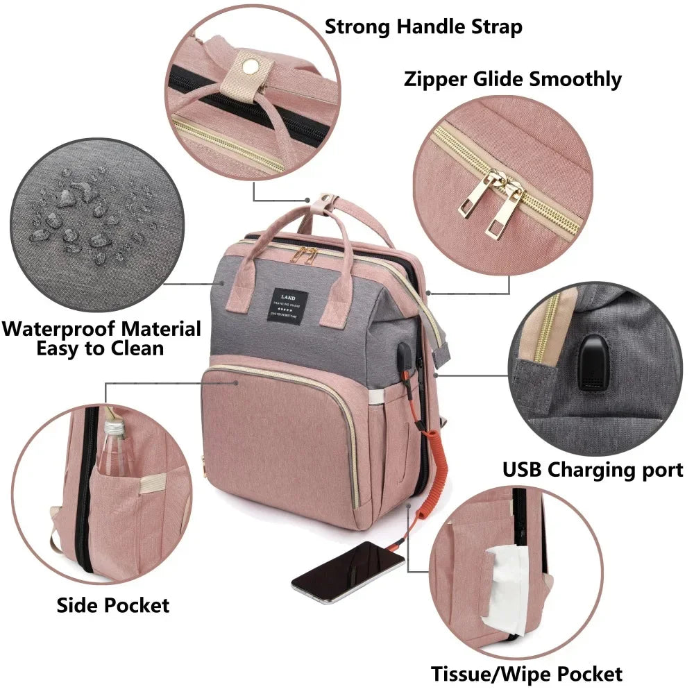 Bolsa para maternidade vira mini berço portátil com vários bolsos e com mosqueteiro