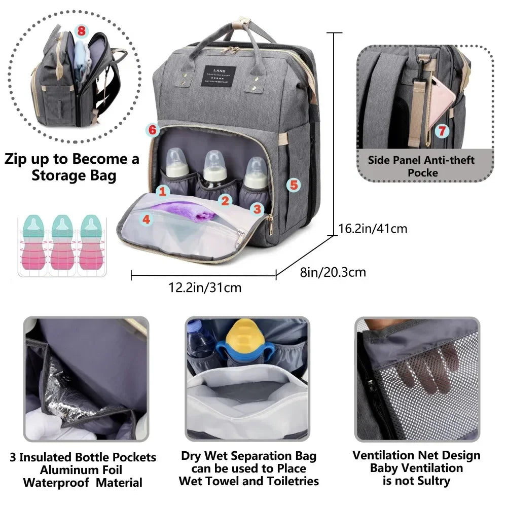 Bolsa para maternidade vira mini berço portátil com vários bolsos e com mosqueteiro