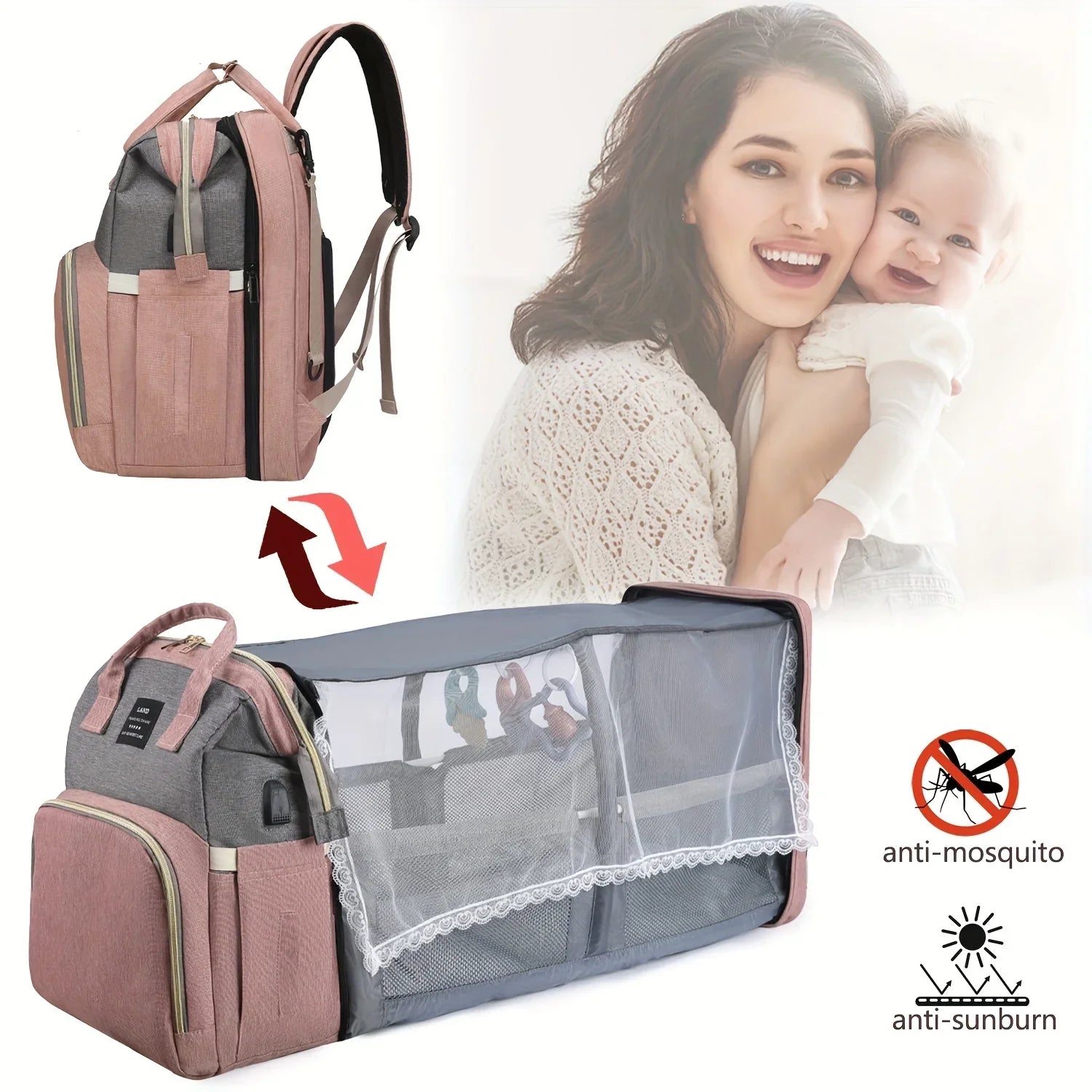 Bolsa para maternidade vira mini berço portátil com vários bolsos e com mosqueteiro