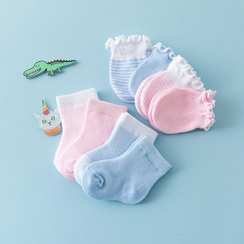 Conjunto de 4 pares/conjunto de meias e luvas para bebês, cores sólidas