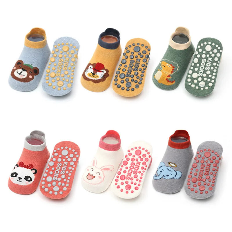 6 pares de meias de algodão antiderrapante para crianças, com desenhos fofos