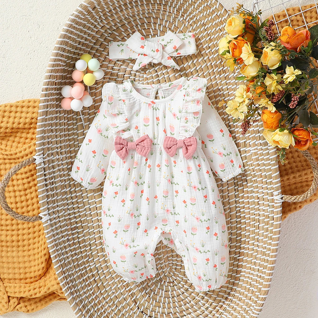 Macacão infantil feminino manga longa estampa floral com laço